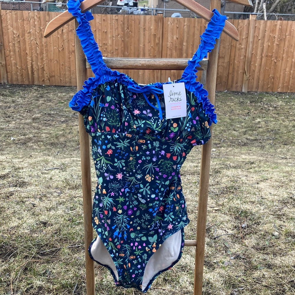 Lime Ricki Navy Floral One-Piece Swimsuit with Bright Blue Ruffle Straps
